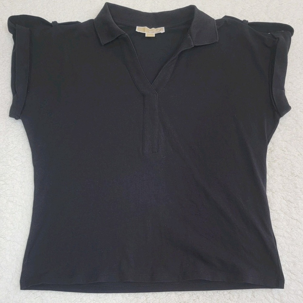 Michael Kors Shirt Womens Medium Black Epaulette Short Sleeve Gold Accents